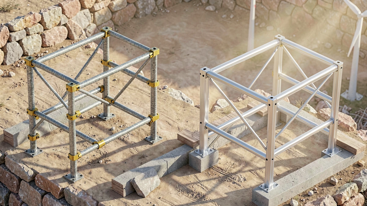 Comparación de andamios metálicos y de aluminio: estructura robusta de acero a la izquierda, ligera de aluminio anodizado a