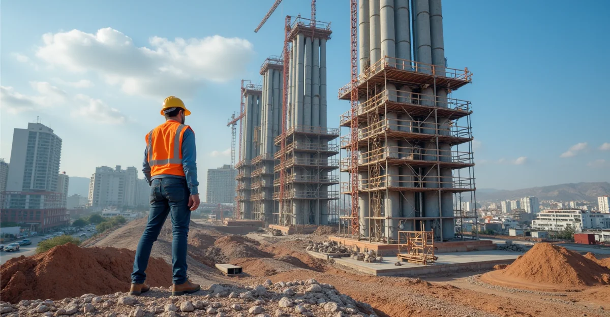 Fotografía realista de torres de trabajo instaladas en una obra en la zona de San Pablo, Querétaro, sin texto superpuesto
