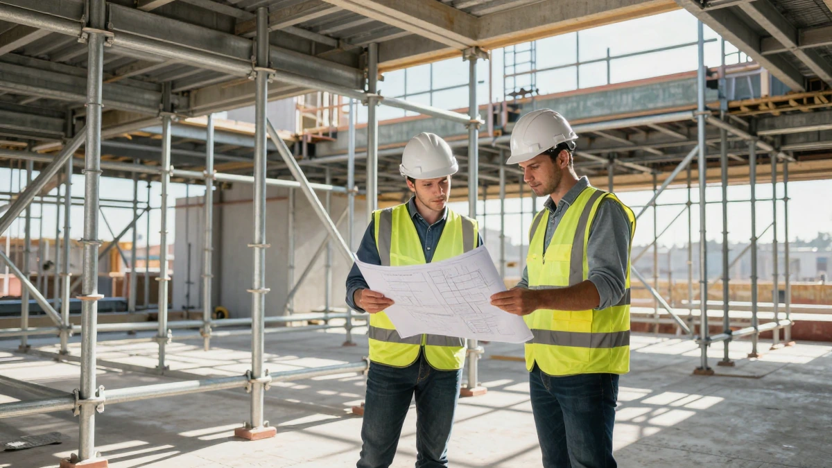 Dos ingenieros con casco y chaleco revisan planos técnicos frente a una estructura de andamios metálicos en una obra