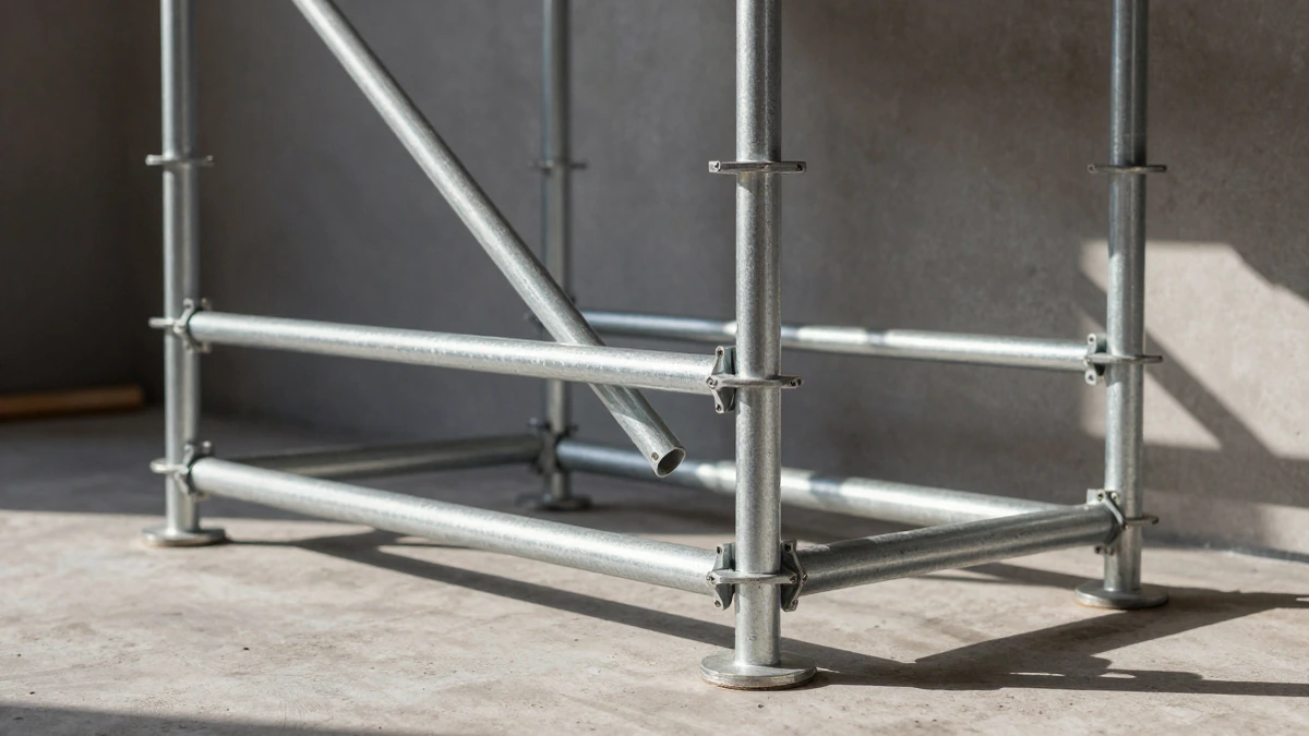 Sistema de apuntalamiento con cimbra metálica de alta precisión, mostrando postes galvanizados y refuerzos en una obra