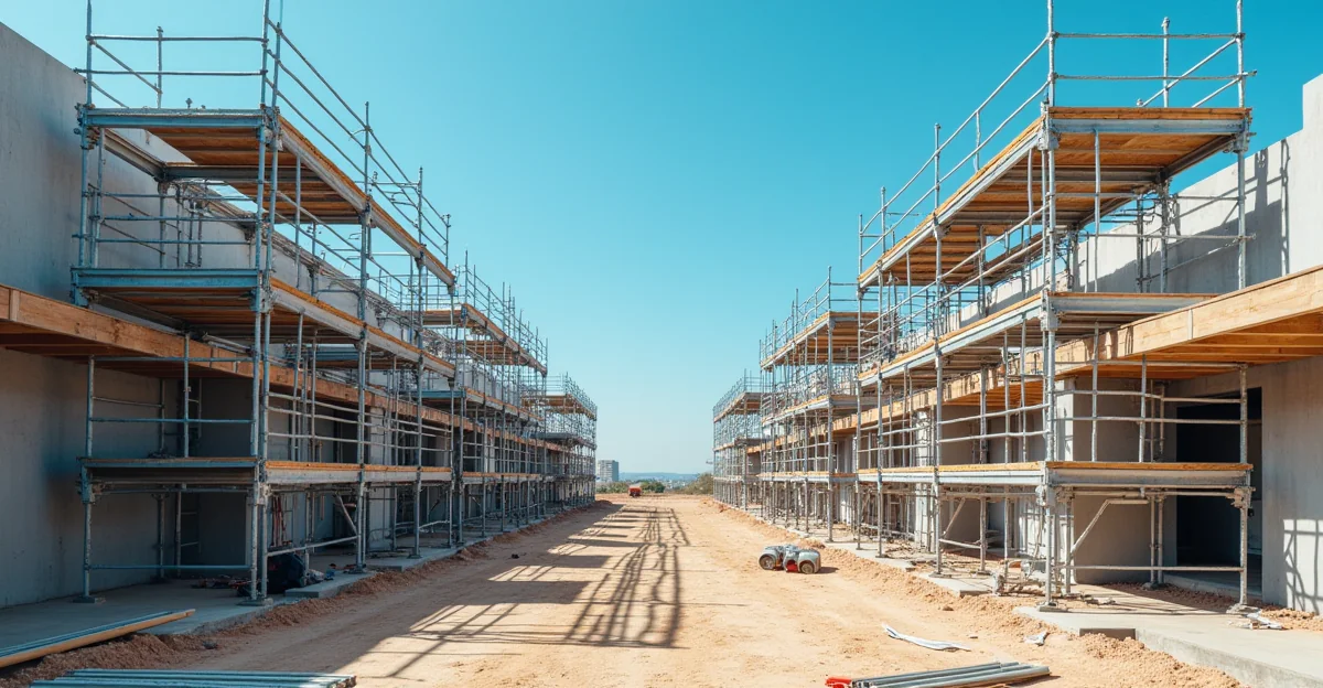 Fotografía de un conjunto de andamios metálicos y de aluminio instalados en una obra típica de Querétaro, resaltando la