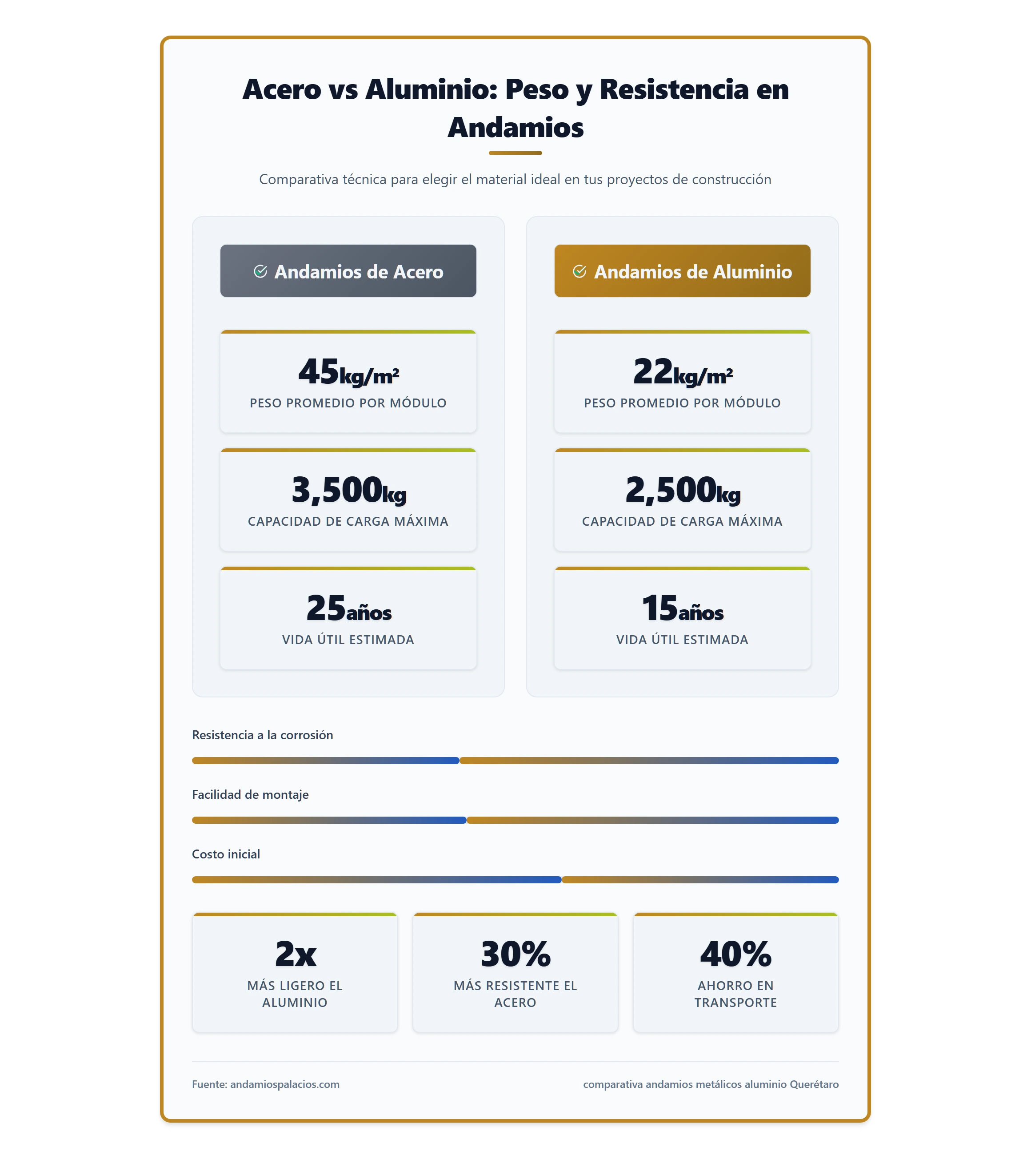 Ilustración que muestra una tabla comparativa de peso y resistencia entre andamios de acero y de aluminio, sin incluir texto