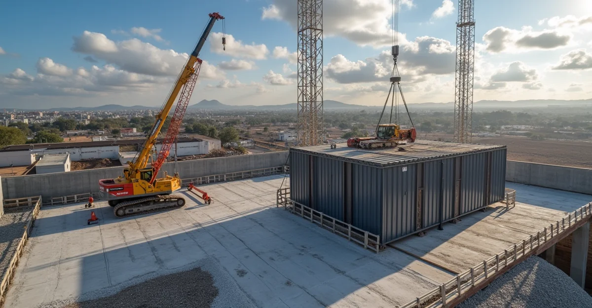 Fotografía de un andamio modular instalado en una obra típica de Querétaro, sin texto visible