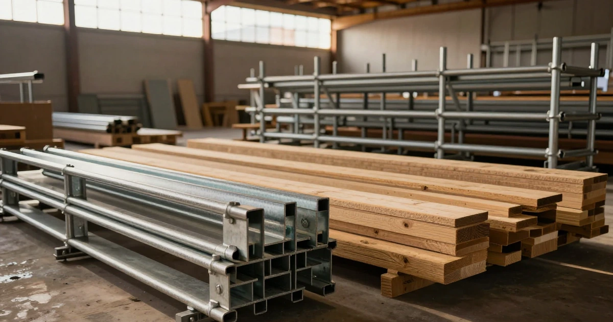 Almacén de construcción con pilas ordenadas de marcos metálicos para andamios y vigas de madera bajo luz natural
