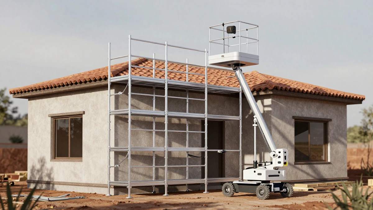 Andamio modular de aluminio y torre de trabajo móvil instalados en una obra residencial con arquitectura típica de Querétaro