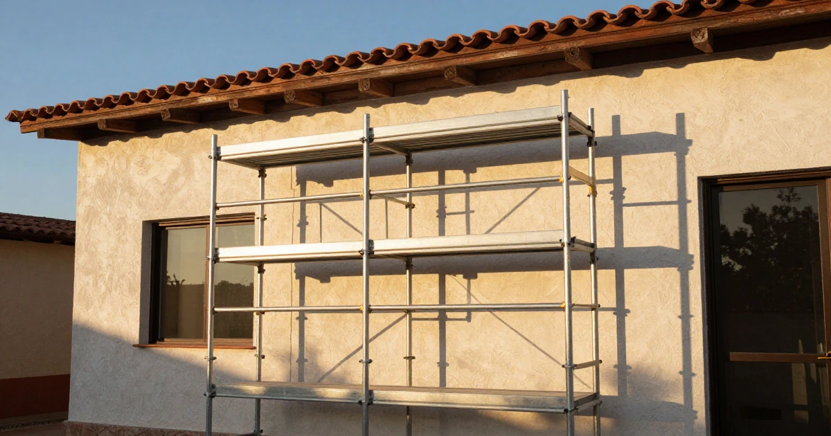Andamio modular de aluminio instalado en una casa residencial de dos pisos con techos de teja bajo la luz del atardecer